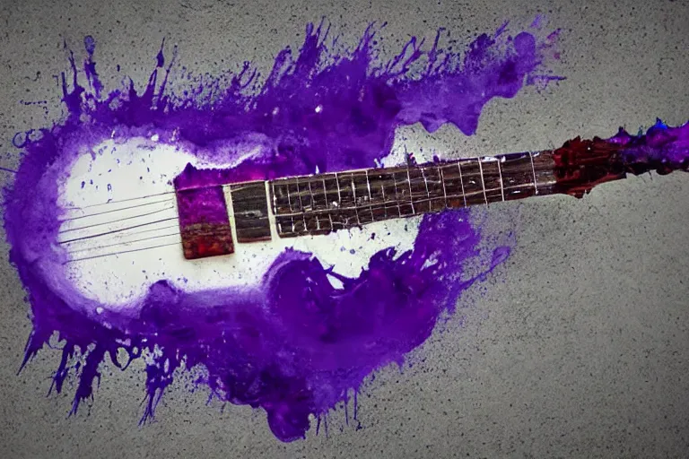 Image similar to dripping purple faded paint across the shape of a human playing guitar, realistic, extremely detailed, coming out of the wall