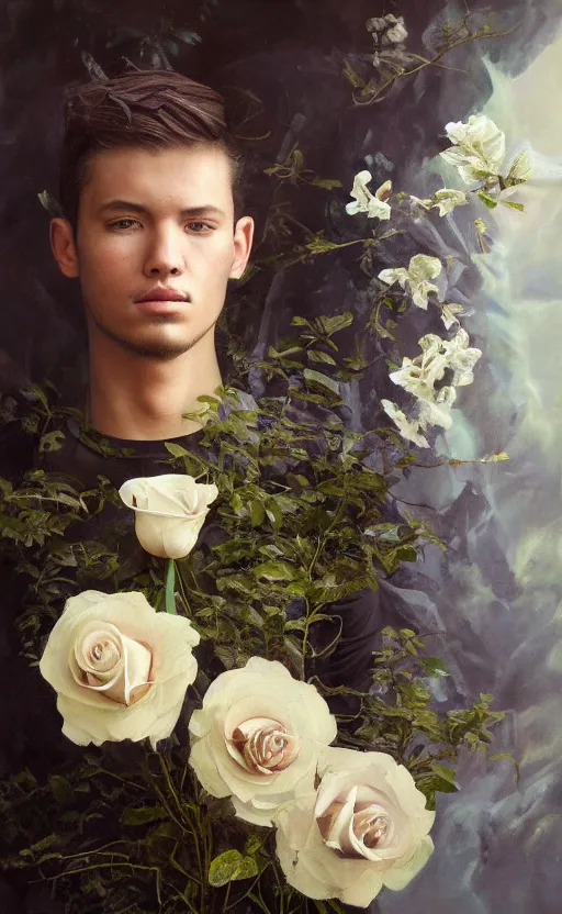 Image similar to a painting of a young man, walking unknowingly toward the brink of a precipice, holding a white rose in one hand, and in the other a small bundle of possessions, a surrealist painting by marco mazzoni, cgsociety, neo - figurative, detailed painting, rococo, oil on canvas, seapunk, lovecraftian