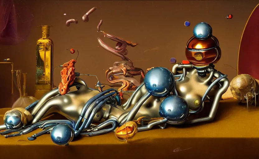 Prompt: strange seductive futuristic robot body, enticing colorful oil painting dutch golden age vanitas sensitive still life sparse composition with bulbous objects strange gooey transparent surfaces shiny metal reflections bizarre mutant meat insects rachel ruysch dali todd schorr very detailed perfect composition rule of thirds masterpiece canon 5 0 mm, cinematic lighting, photograph, film, hyper real