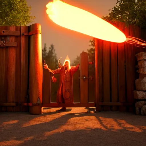 Prompt: A wizard launching a fireball at a giant wooden gate, 4k, highly detailed, octane render, vray, cinematic lighting