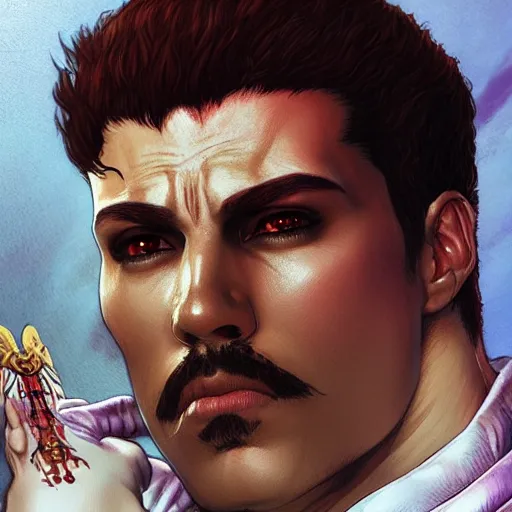 Image similar to ultra realistic freddy mercury as ryu from street fighter, portrait, 4 k, ultra realistic, detailed focused art by artgerm and greg rutkowski and alphonse mucha