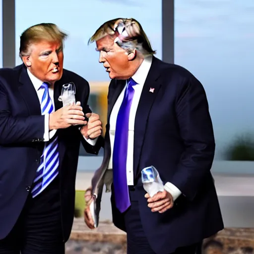 Prompt: news still drunk rudy giuliani, donald trump holding a bottle, 4 k, professional