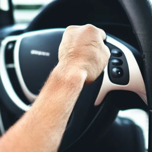 Image similar to muscular arm gripping a steering wheel at the top, first person pov, detailed,