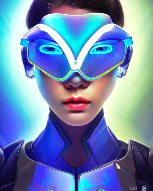 Prompt: echo from overwatch, cyber wings, thai, blue holographic face, glass face, transparent face, elegant, colorful, fantasy, fantasy art, character portrait, portrait, close up, highly detailed, intricate detail, amazing detail, sharp focus, vintage fantasy art, vintage sci - fi art, radiant light, caustics, by boris vallejo