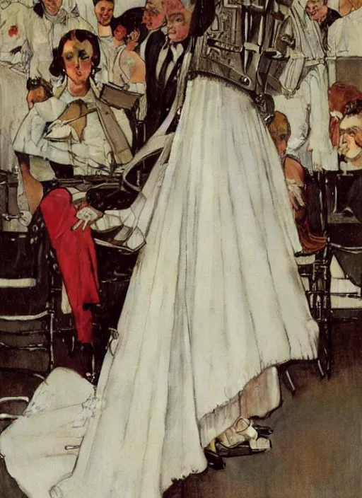 Prompt: a portrait by norman rockwell of a nordic woman detailed features wearing a futuristic wedding dress synthetic materialslots of zippers chic'techno fashion trend by balenciaga