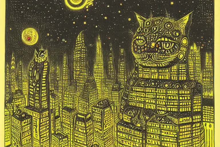 Prompt: a scifi illustration, Night City on Geidi Prime by Louis Wain (1920)