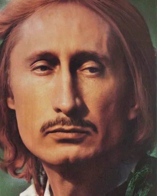 Prompt: a portrait of a 1 9 6 0 s hippie looking like vladimir putin