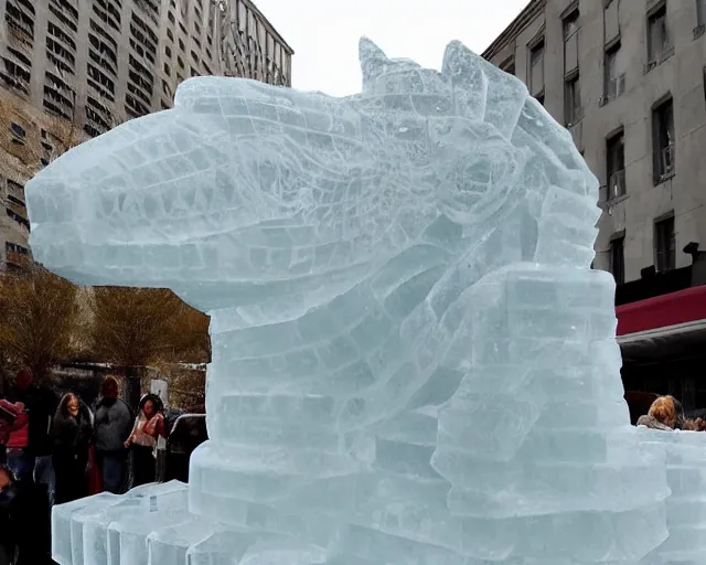 Image similar to ice sculpture inspired by a man made sculpture of a dinosaur. angels everywhere.