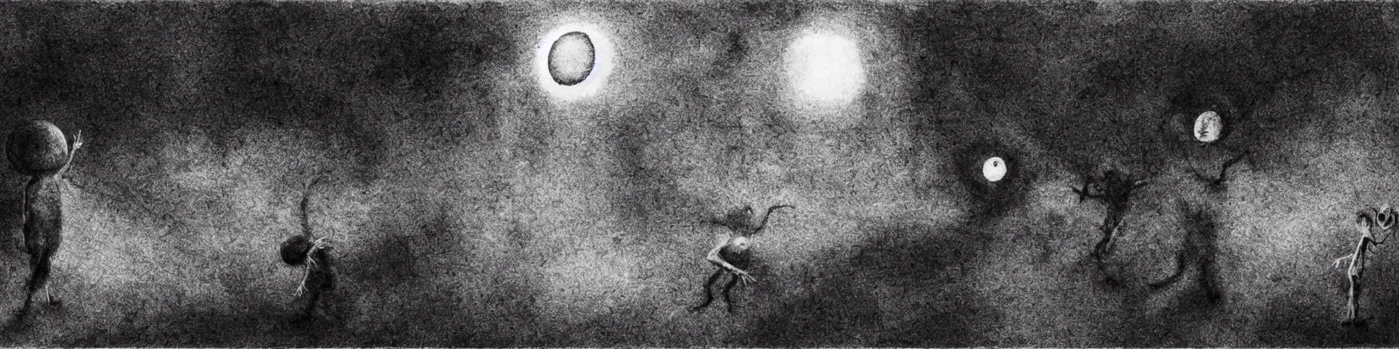 Image similar to dawn of creation ; first atom ; beings of darkness ; ethereal plane. extremely dark image. complete blackness. black and gray low - contrast image. dark, blur, charcoal illustrated by maurice sendak and stephen gammell and junji ito and dr seuss and tsutomu nihei