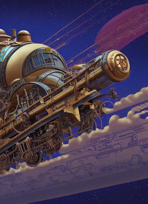 Image similar to a steampunk train in hyperspace by paolo eleuteri serpieri and tomer hanuka and chesley bonestell and daniel merriam and tomokazu matsuyama, unreal engine, high resolution render, featured on artstation, octane, 8 k, highly intricate details, vivid colors