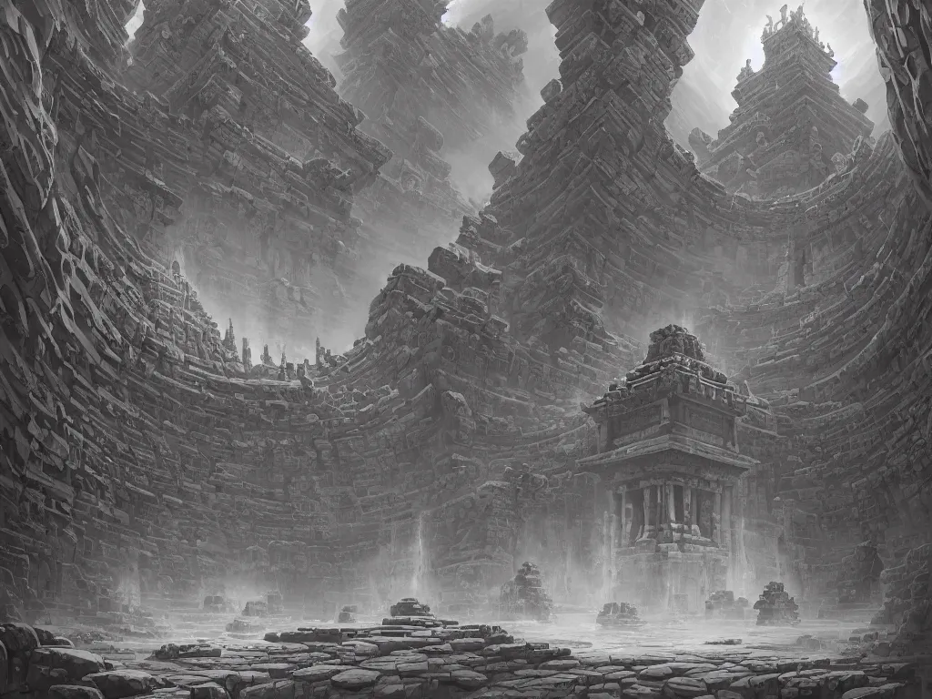 Prompt: A picture of a mysterious ancient temple with geometric patterns and tentacles coming out of the entrance art by Noah Bradley, Darek Zabrocki, Jorge Jacinto, Pablo Carpio, Tuomas Korpi, Gilles Beloeil, Jordan Grimmer, Victor Mosquera, Maciej Kuciara, John J. Park, Tyler Edlin and Natasha Tan, ominous, cosmic horror, trending on artstation, Ultra detailed, hyper realistic, 4k