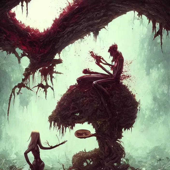 Image similar to Carnivore godlike scary fairy eating a frog alive , giant mushrooms , psychedel tint , Junji Ito and Greg rutkowski , masterpiece , trending on artstation