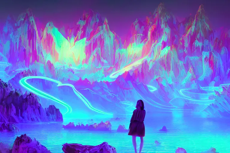 Image similar to wide wide photo of surreal beautiful beautiful woman (((dynamic neon lighting)) in chromatic dmt trippy lake with glowing birds, mountains, elegant, highly detailed, sharp focus, illustration, beautiful, geometric, trending on artstation, cinematic, artwork by Tran, Ross and Aivazovsky, Ivan