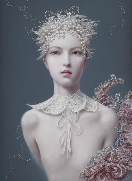 Prompt: high intricate porcelain baroque stunning woman, lace collar, string of pearls, bird feathers, 8 k, glitter skin very white hyperrealistic hyperdetailed pastel maria panfilova, andrea savchenko, sensual mike kime, ludovic plouffe, qi sheng luo, oliver cook, trending on artstation