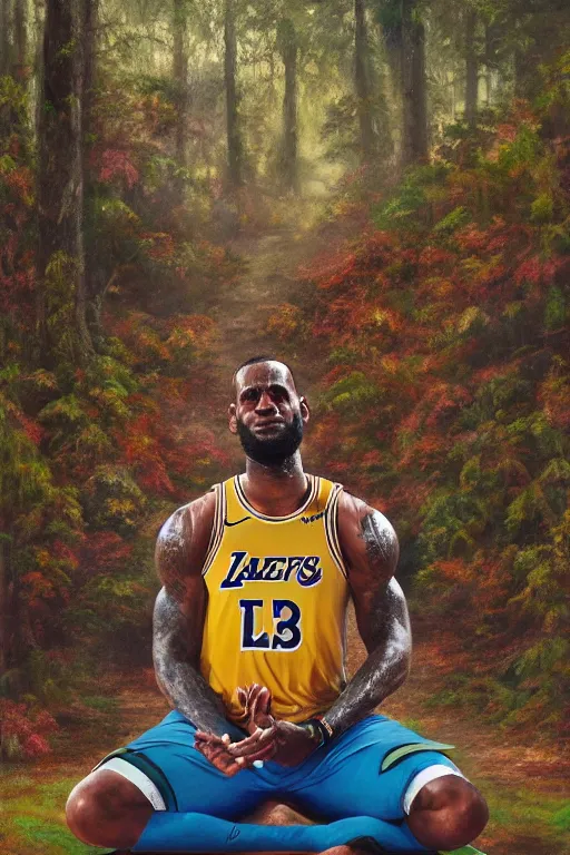 Prompt: lebron james doing yoga in the forest, oil on canvas, intricate, 8 k highly professionally detailed, hdr, cgsociety