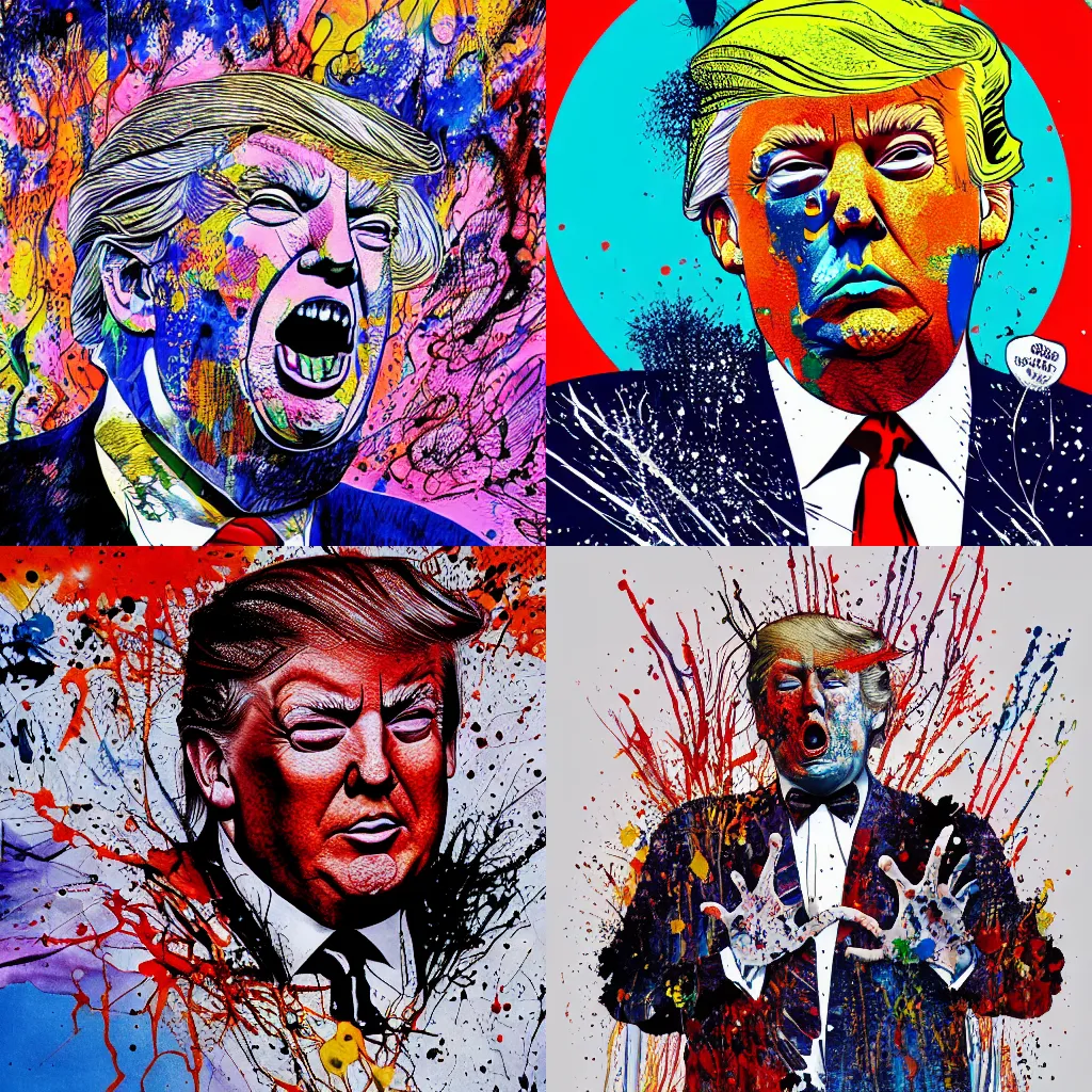 Prompt: president Donald Trump, Ralph steadman, psychedelic, surreal, ink splatter, detailed, 4k