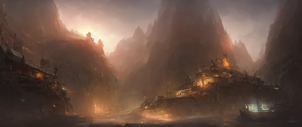 Prompt: ship used as a village on a hill, concept art, digital painting, style of jordan grimmer, warm lighting, futuristic, volumetric lighting, view from below,dark, nighttime, godrays, high detail