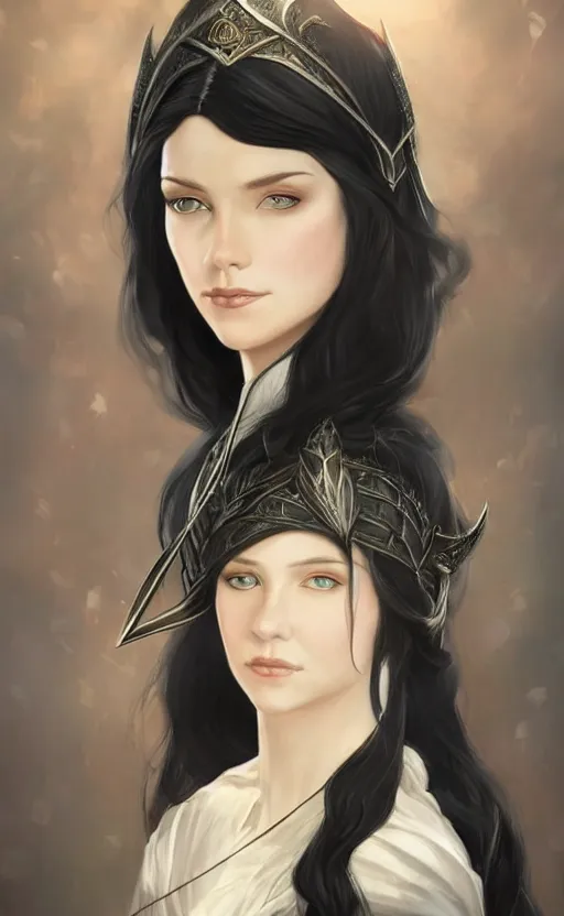 Image similar to luthien, princess of doriath, fairest maiden to have ever lived, stunningly beautiful, black hair, elven, portrait, artstation, wonderful lighning