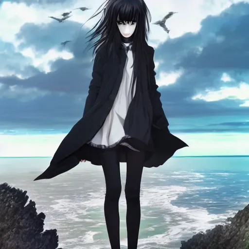 Image similar to 1 7 - year - old anime goth girl, black hair, long bob cut, long bangs, gothic coat, long bangs, standing on cliff along the irish coast, overcast gray skies, ultra - realistic, sharp details, cold lighting, blue and gray colors, intricate details, subsurface scattering, hd anime, 2 0 1 9 anime