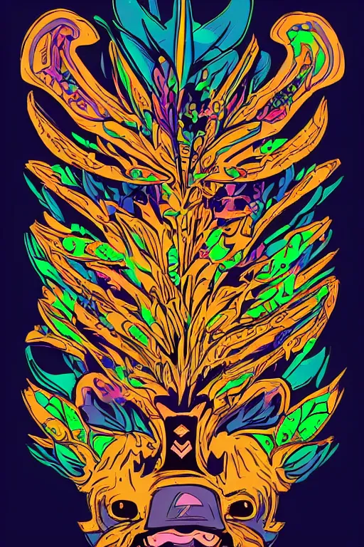 Image similar to animal mask totem roots flower tribal feather gemstone plant wood rock shaman vodoo video game vector cutout illustration vivid multicolor borderlands comics by josan gonzales and dan mumford radiating a glowing aura