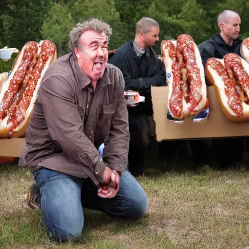 Prompt: jeremy clarkson crying in front of a mountain of hot dogs