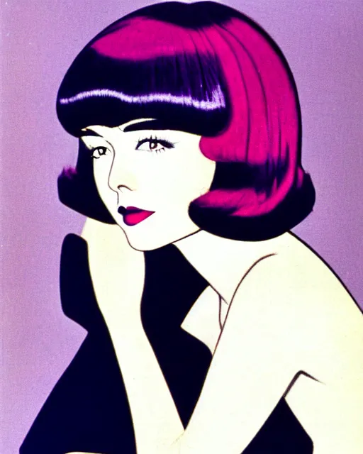 Image similar to colleen moore 2 5 years old, bob haircut, portrait by patrick nagel