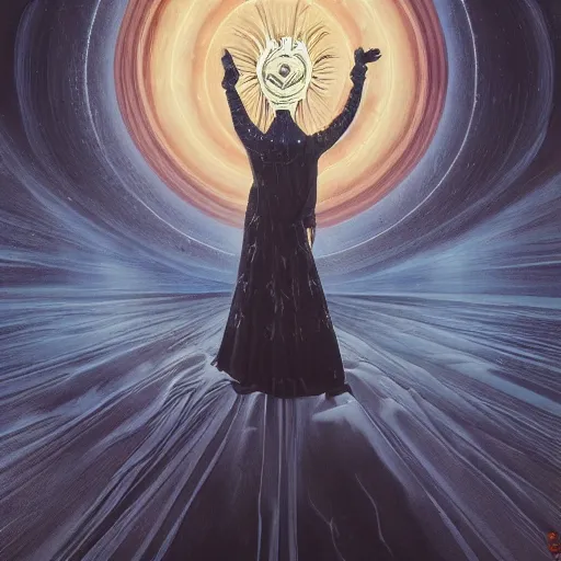 Image similar to a highly detailed occult painting of a witch pointing up, cenobyte, hexglow, contracept, wildcards, denizens, matte painting, glowing eyes, felipe pantone, pascal blanche, pascal blanche, mohrbacher, blanche, and across the face portrait, an expansive view of the sun, intricate details, epic, dramatic, cinematic lighting, hyperrealistic, skeletal, elaborate, furniture, dreamy, machine, robot, cardboard, dark, inception, cinematic lighting, surrealism style, magical, Occult, alchemy, Rene Magritte, Raphael Hopper, muted colors, soft tones, pastel colors, ornate, in the dnd art style on album cover, unreal