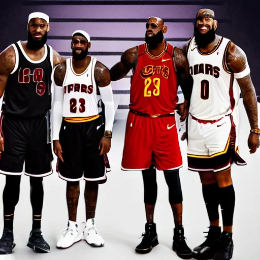 Image similar to three short men stacked on top of each other standing next to lebron james