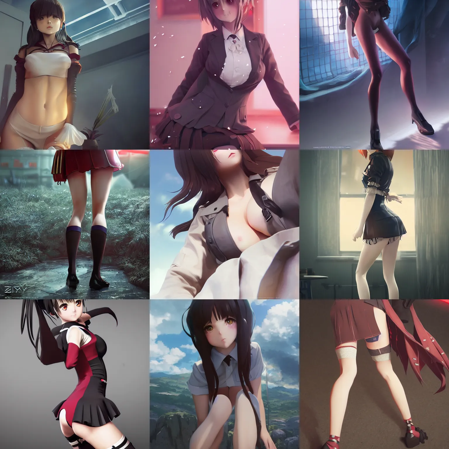 Image similar to worksafe. insanely detailed. by wlop, ilya kuvshinov, krenz cushart, greg rutkowski, pixiv. zbrush sculpt, octane, maya, houdini, vfx. pinup close - up gorgeous attractive cg anime thighhighs schoolgirl in luxury advertisement. cinematic dramatic atmosphere, sharp focus, volumetric lighting