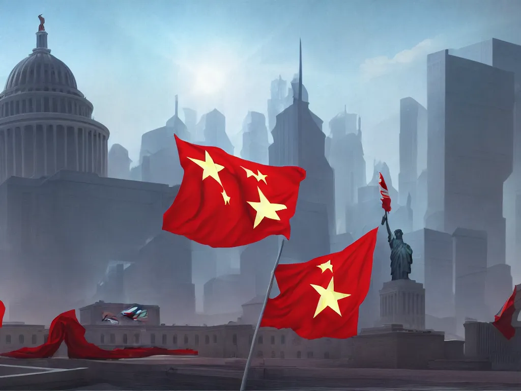 Image similar to landscape matte painting by fan wennan. communist american future capitol shining in the sun after the triumph of socialism in america, highly detailed, artstation, 8 k, photorealistic, hyperrealism, grounded rectangular communist governmental architecture, statue, imposing, strength, abundance. american communist party flag. america 2 0 9 8