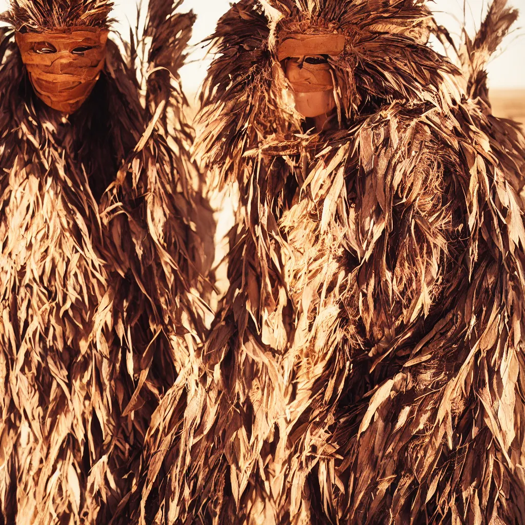 Prompt: a portrait photography of a woman wearing a mask made of bark and feathers, in a desert, golden hour, cinematic, Kodak Portra 800 film