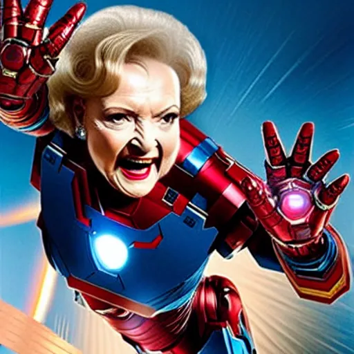 Image similar to promotional still of betty white as marvel's iron man [ film ], hero pose but shy, action, adventure, romance, imax 7 0 mm, 4 k