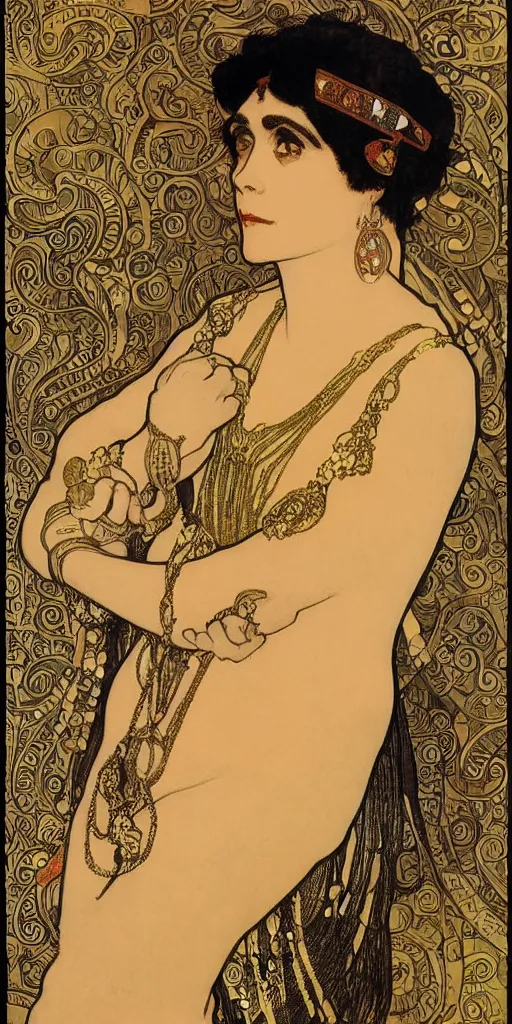Image similar to realistic detailed Art Nouveau lithograph portrait of Theda Bara as Cleopatra in an elaborate costume by Alphonse Mucha, Gustav Klimt, and Leon Bakst