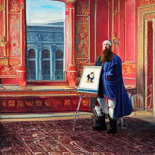 Image similar to Ivan the Terrible in his palace in Moscow with new car Tesla 3, oil painting style,