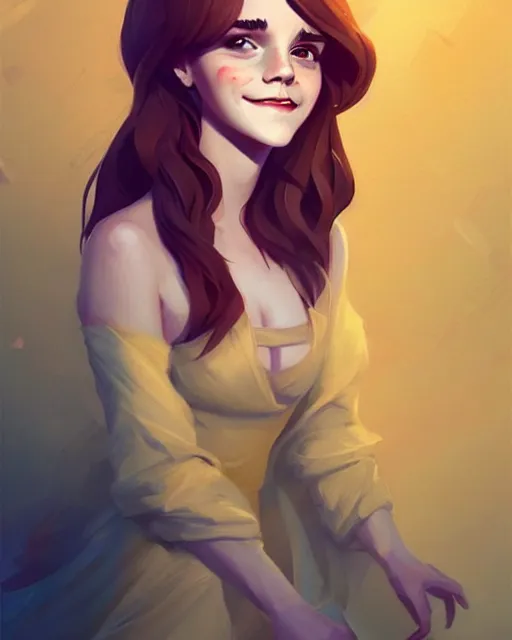 Image similar to a portrait of a beautiful full body Emma Watson smiling, pretty gold and red dress, art by lois van baarle and loish and ross tran and rossdraws and sam yang and samdoesarts and artgerm, digital art, highly detailed, intricate, sharp focus, Trending on Artstation HQ, deviantart, unreal engine 5, 4K UHD image