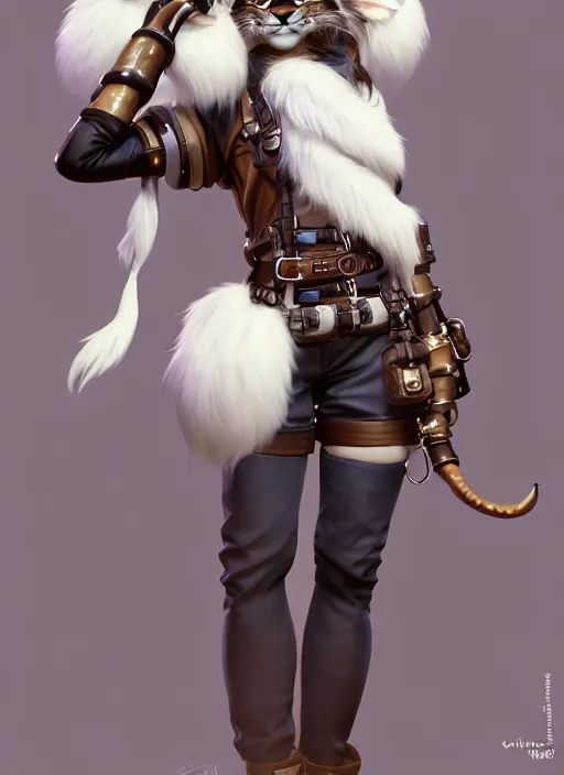Prompt: wide angle beautiful full body portrait of a strong female anthropomorphic anthro lynx fursona wearing a steampunk leather shorts. from behind, character design by disney, anime, manga, charlie bowater, ross tran, artgerm, and makoto shinkai, detailed, soft lighting, rendered in octane, white fur, white face, lynx facial features