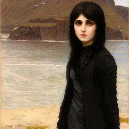 Image similar to 1 7 - year - old pale - skinned persian girl with black long bob cut, long bangs, black gothic jacket, black jeans, psychic girl, psychokinetic girl, standing on cliff along the irish coast, overcast gray skies, ultra - realistic, sharp details, subsurface scattering, intricate details, art by william - adolphe bouguereau