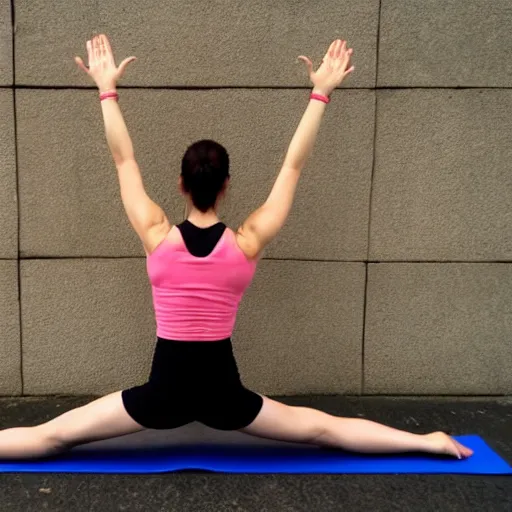 Prompt: hanumanasana yoga posture, stretching one leg forward and the other straight back, arms stretched above the head, and the palms joined together