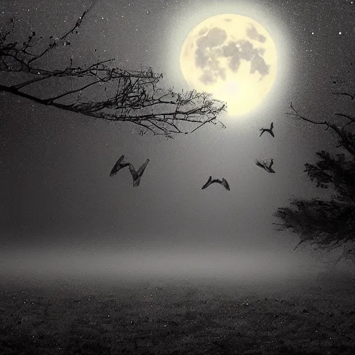 Image similar to huge owl with outstretched wings flapping flying at night through fog talons reaching for rabbit in the forest lit by the full moon fog moving through feathers