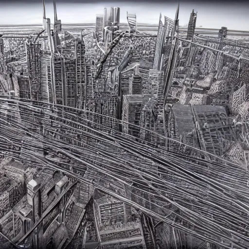 Prompt: photorealistic, hdr, highly detailed, 4 k, city made out of shiny silver wire