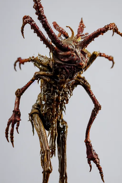 Prompt: photo taken of an epic intricate, ultra detailed, super realistic gritty, wet, slimy, lifelike sculpture of a nightmarish hellish insectoid creature created by weta workshop, zoomed in shots, photorealistic, sharp focus, white wall coloured workshop, extremely cold blueish colour temperature, f 0. 4, full body shot, golden ratio