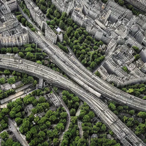 Image similar to an aerial shot of a post - apocalyptical paris overtaken by vegetation