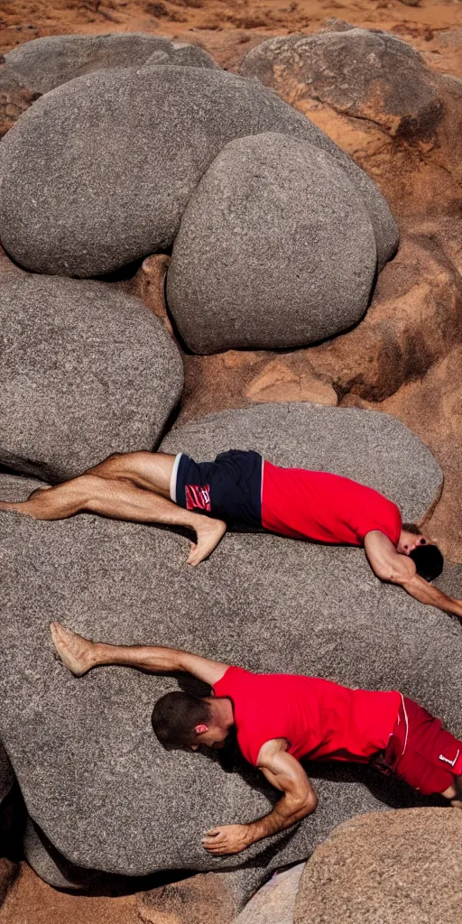 Image similar to man wearing red hawaii shirt doing pushups on top of a giant boulder in the desert, photorealistic