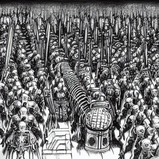 Image similar to pencil illustration. a billion psykers lined up to be sacrificed to the emperor.