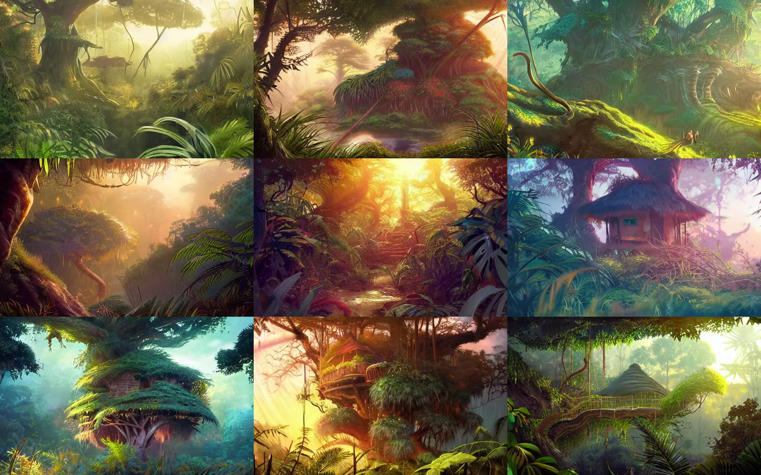 Prompt: concept art landscape of a jungle scene during golden hour, an overgrown treehouse in the middle of a clearing, beautiful, fantasy, colorful, cinematic lighting, artstation, trending, highly detailed, focus, smooth, by studio ghibli, rossdraws, hirohiko araki, conrad roset, yoshitaka amano