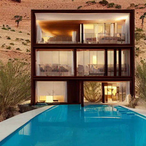 Prompt: natural modern hotel in the desert, high detaild, realistic, golden ratio