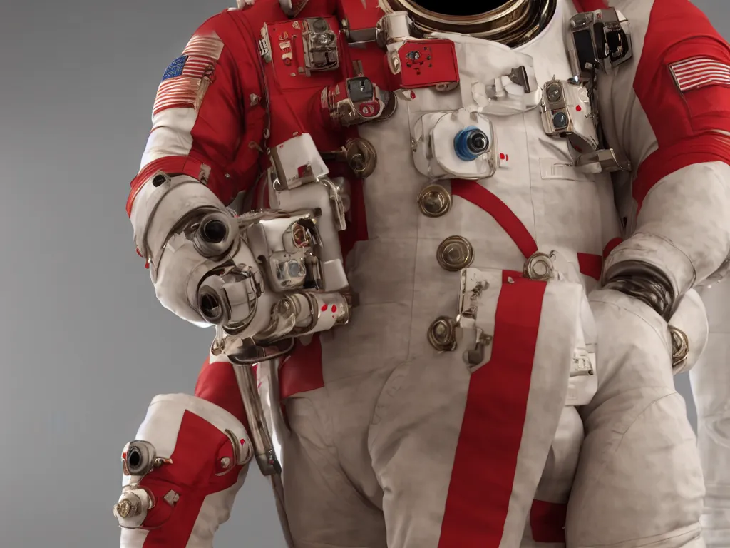 Image similar to ornate red bone in astronaut suit, gold linens, cinematic lighting, dramatic, octane render, long lens, shallow depth of field, bokeh, anamorphic lens flare, 8k, hyper detailed, 35mm film grain