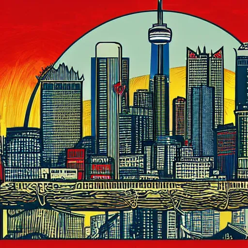 Prompt: landscape of Toronto skyline by Shepard Fairey, concept art, photo realistic, high resolution, contrast, colorful