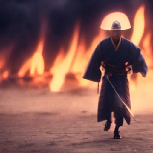 Image similar to cinematic film still Pharrell Williams starring as a Samurai holding fire, Japanese CGI, VFX, 2003, 40mm lens, shallow depth of field,film photography