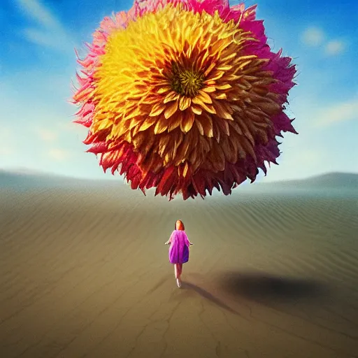 Image similar to closeup giant dahlia flower head, a girl walking between dunes, surreal photography, sunrise, blue sky, dramatic light, impressionist painting, digital painting, artstation, simon stalenhag